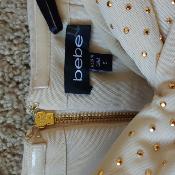 Bebe gold stud sparkly strapless mini dress beige mesh - Picture 7 of 10